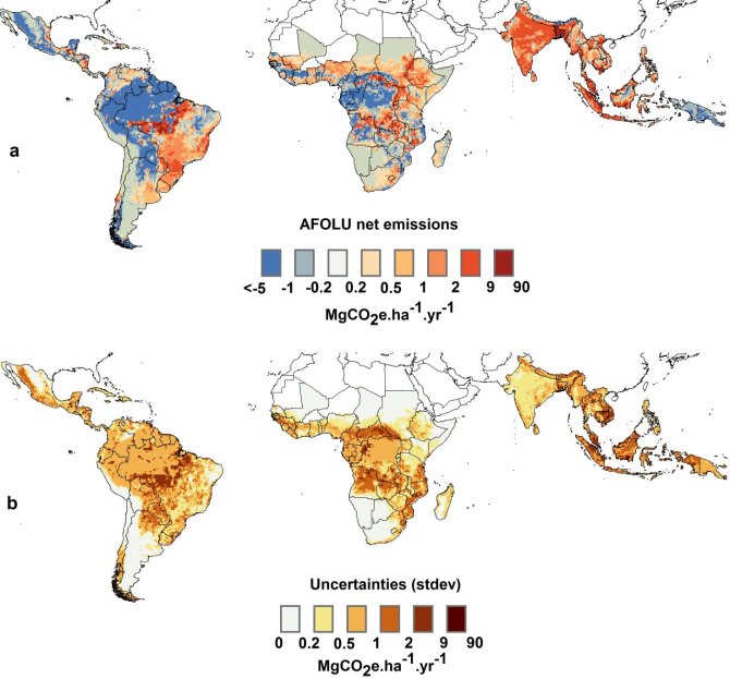 Figure 3: (a) Hotspots of annual AFOLU emissions and (b) associated uncertainties (stdev) in MgCO2e.ha.-1.yr-1 for the tropical region, for the period 2000-2005, at 0.5°resolution. Emissions are the result of 1000 Monte Carlo simulations for the leading AFOLU emission sources (deforestation, degradation (fire, wood harvesting), soils (crops, paddy rice), livestock (enteric fermentation and manure management). Source: Roman-Cuesta et al. (unpublished)