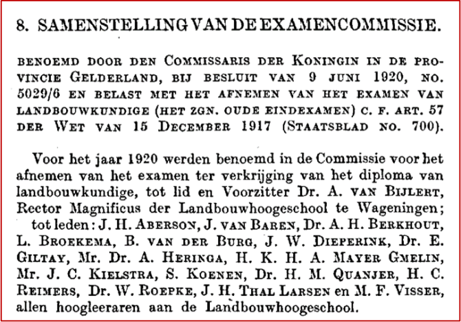 Composition of the 1920 Wageningen University Exam committee, with prof Reimers. Source: Third yearbook of Wageningen University