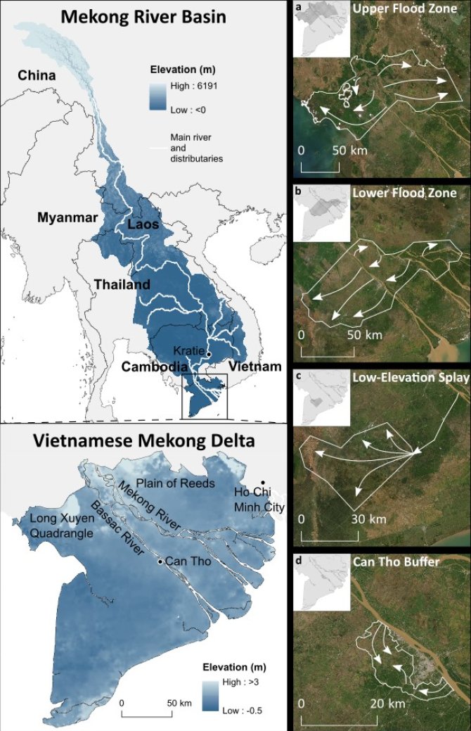 De Vietnamese Mekongdelta. Ho Chi Minh City ligt net buiten de delta. Aangepast van Dunn & Minderhoud 2022.   