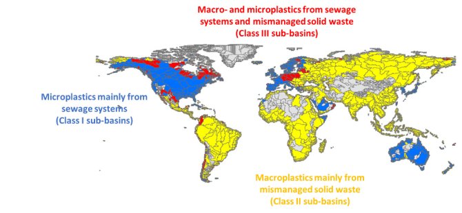 Figure: River export of macro- and microplastics to coastal seas from sub-basins. Colours show the sub-basins, which rivers export mainly macroplastics, microplastics or both plastics to coastal seas from sewage systems and/or mismanaged solid waste.