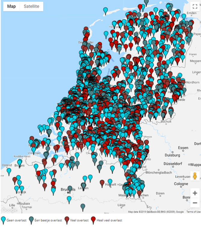 Alle waarnemingen van de mate van muggenoverlast die in 2018 door zijn gegeven via Muggenradar.nl (Bron: Muggenradar.nl)