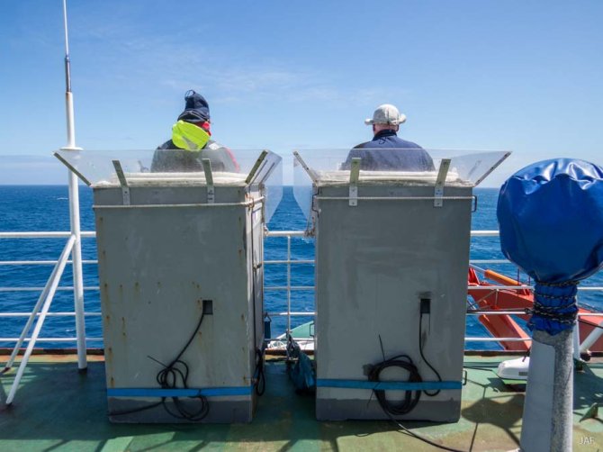 Our bird survey boxes are located on top of the ship on the Monkey deck, giving optimal view. The picture was taken early on our trip, with Bram and Jan together training the survey methods. Now they take shifts to conduct counts as continuously as possible.