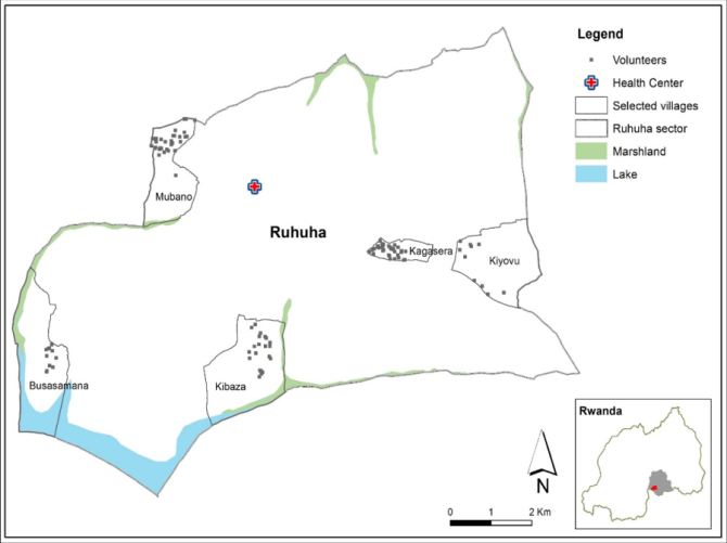 Kaart die de Ruhuha Sector laat zien met de vijf dorpen waarin het Citizen Science programma is geïmplementeerd (Busasamana, Kagasera, Kibaza, Kiyovu en Mubano). De roze stipjes staan voor de locatie van de huishoudens (vrijwilligers) van waaruit de obeservaties zijn gerapporteerd. 