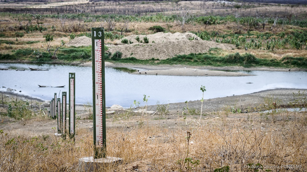 Several water depth gauge boards were placed here in north-eastern Brazil to measure the level of this water reservoir. The water level is lowering due to drought.