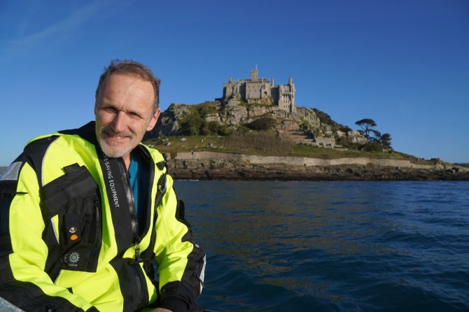 Bram Couperus on research vessel the Tridens during the 2022 blue whiting survey, at Mount St Michael, Penzance (photo: Ton Meijer).