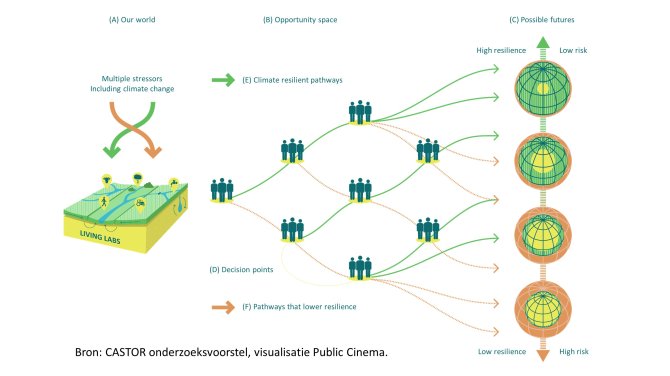 Visualisatie van de mogelijke routes naar een klimaatrobuust zandlandschap. Voor een veerkrachtig systeem in de toekomst moeten op korte termijn al de juiste keuzes worden gemaakt.