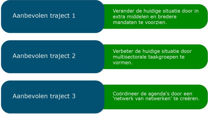 De drie aanbevolen trajecten: Verander de huidige situatie door in extra middelen en bredere mandaten te voorzien; Verbeter de huidige situatie door multisectorale taakgroepen te vormen.; Coördineer de agenda's door een ‘netwerk van netwerken’ te creëren. 