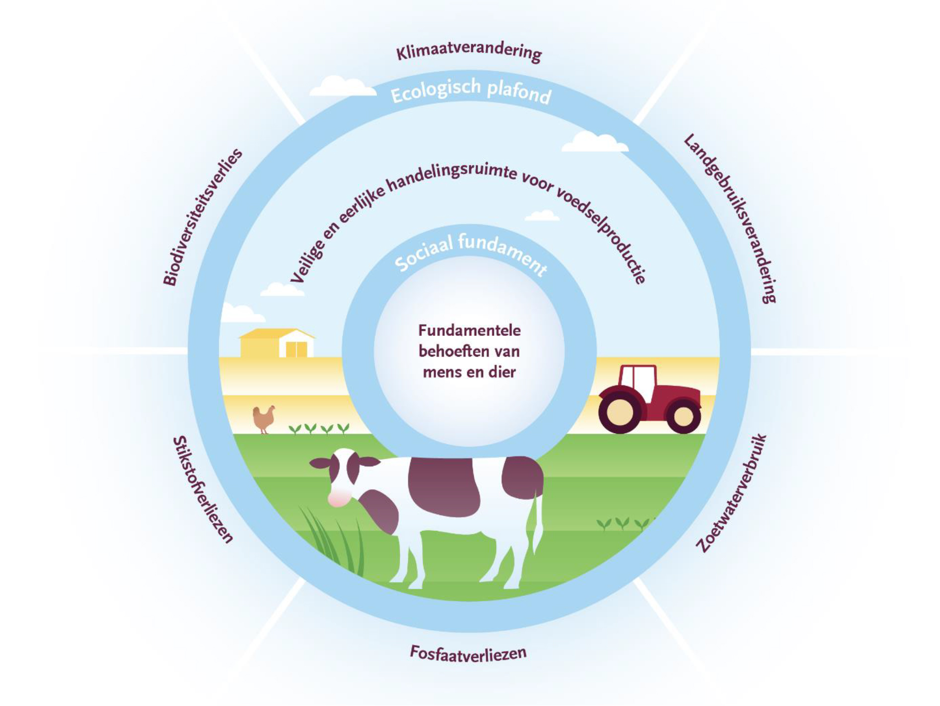 Figuur 1. Zo stellen we de veilige en eerlijke handelingsruimte voor een duurzaam voedselsysteem vast. Bron: rda (2020), gebaseerd op De Boer et al. (2019) en Raworth (2017).