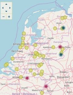 Tekenbeten (groene stippen) en lyme (roze en blauwe stippen) gemeld van 28 maart t/m 4 april 2018 op Tekenradar.nl (Bron: Tekenradar.nl)