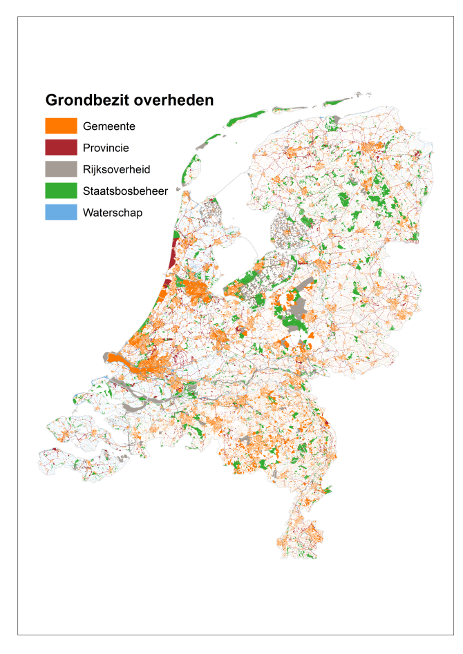 Overzicht van gebieden in Nederland die in bezit zijn van de overheid (Bron: Wageningen Environmental Research en Kadaster)