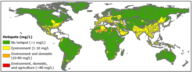 Figure 2: Total Dissolved Nitrogen (TDN) concentration hotspots for the environment, domestic sector, and agricultural sector for 2010 (mg/L). Hotspots refer to sub-basins that do not meet water quality standards for a specific purpose (Mengru Wang, Rhodé Rijneveld et al. under development).  