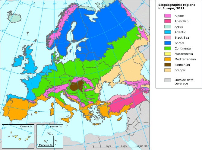 Kaart van alle biogeographical regios