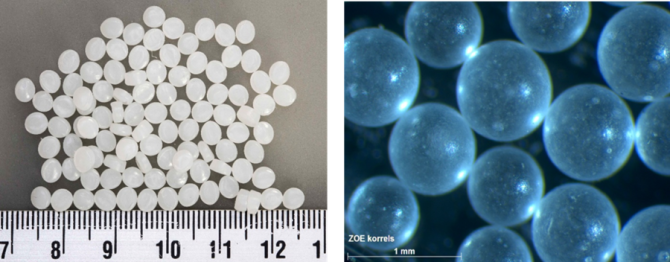 Voorbeelden van kleine plasticstukjes die het containerschip ZOE tijdens een storm verloren had. Links: PE pellets, rechts: sterk vergrootte PS korrels.
