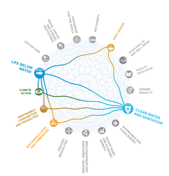 Illustratie van de interacties tussen de Sustainable Development Goals in het geval van watervervuiling in China (uit de publicatie Wang et al. 2022).