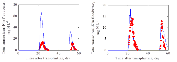 Fig. 1 Concentrations of total ammoniacal-N in floodwater: a) Simulated using Chowdary et al. (2004) and b) simulated using the proposed model, against observations reported by Fillery et al. (1984).