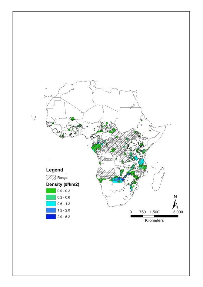 Current distribution of elephants in Africa (highlighted areas) and areas in which the density of elephant populations has been established via counts (from low density [green] to high density [blue]).