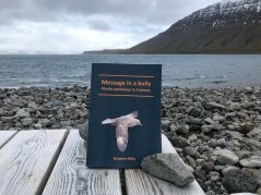Het proefschrift van Susanne Kühn, in de achtergrond de Westfjords op IJsland waar een deel van haar studie plaats vond.