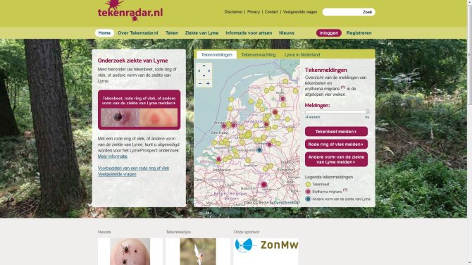 Screenshot Tekenradar.nl op 1 april 2017 met weergave meldingen tekenbeten (groene bolletjes) en ziekte van Lyme gevallen (rode en blauwe bolletjes) die in de periode 25 maart tot en met 1 april 2017 zijn doorgegeven (Bron: Tekenradar.nl)