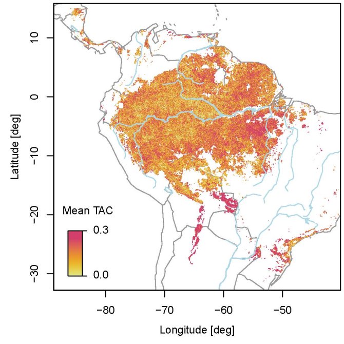 Kaart van het Amazonegebied met in lichte kleuren veel en in donkerpaars weinig dynamiek, dat wil zeggen: een klein herstelvermogen. De donkere gebieden (0.3) verkeren in een kwetsbare toestand.