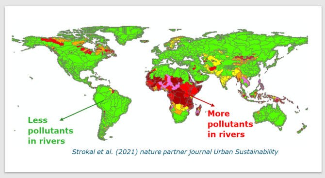 Figure 2: An example of the MARINA model outputs: River pollution in an optimistic scenario for 2050. 