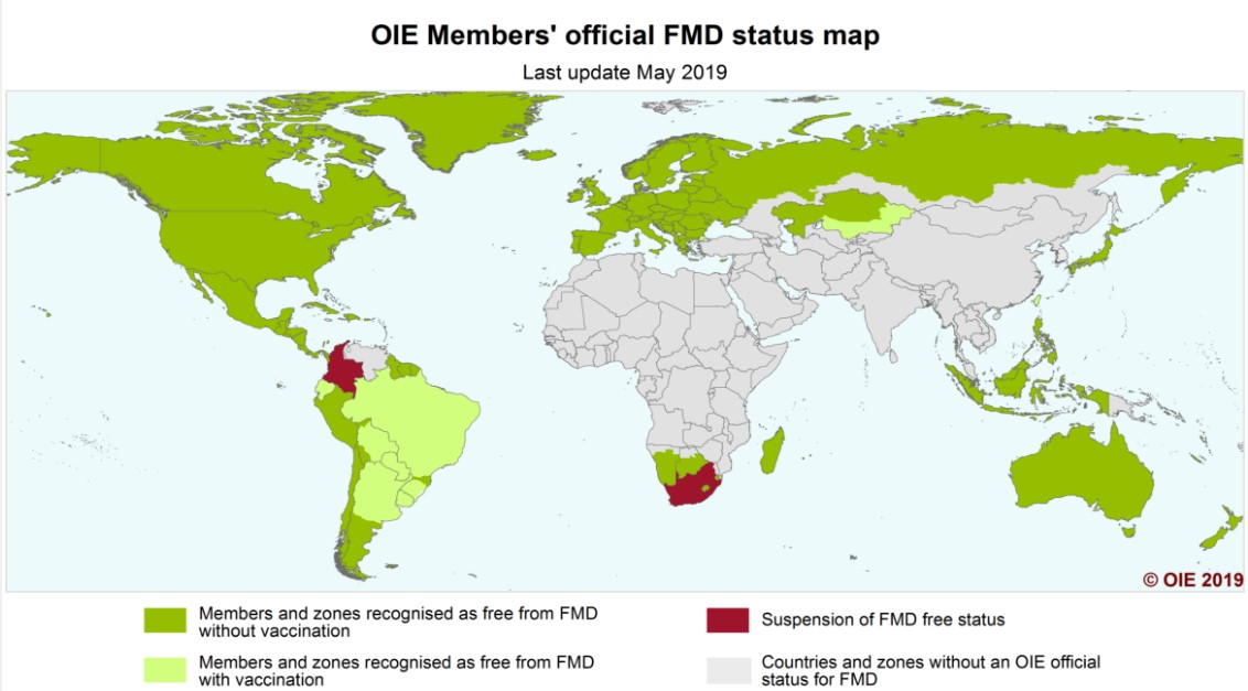 Bron: World Organisation for Animal Health (OIE), official FMD status map, May 2019