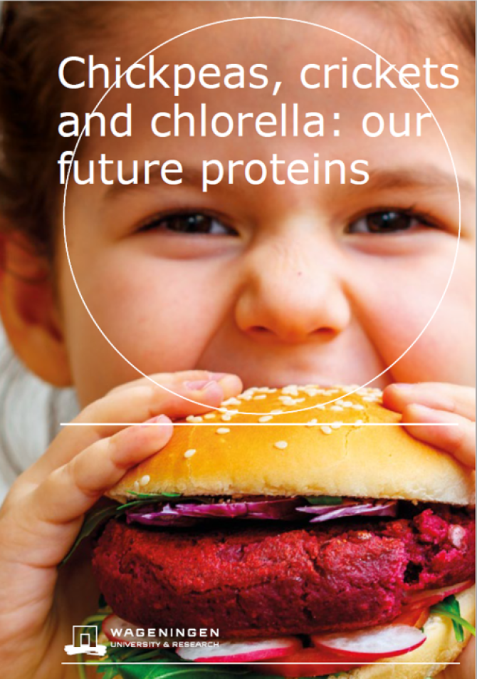 In de brochure 'Chickpeas, crickets and chlorella: our future proteins' is de visie van WUR over de toekomst van eiwitten beschreven.  Deze visie is tijdens de Mansholtlezing 2019 gepresenteerd en zijn de uitdagingen en beleidsaanbevelingen besproken.