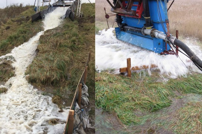 Twee manieren om de sterkte van zoden te testen onder extreme omstandigheden. Links de overlooptest van het Vlaamse Waterbouwkundig Laboratorium (binnenzijde dijk). Rechts de golfklaptest van INFRAM Hydren (buitenzijde dijk). Beeld: Kim van den Hoven