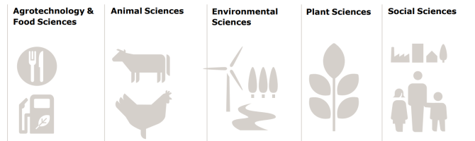 This image lists the WUR domains and with that the topics for student projects: Agrotechnology & Food Sciences, Animal Sciences, Environmental Sciences, Plant Sciences, Social Sciences